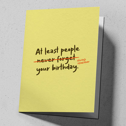 Funny greeting card for birthdays landing on a somber September date, reading "Forget me not." — FML